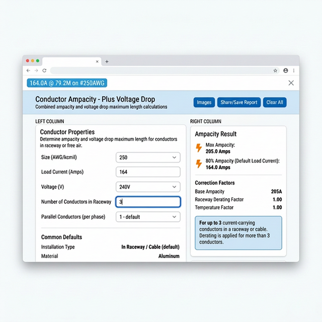 Conductor sizing tool with ampacity tables and wire gauges