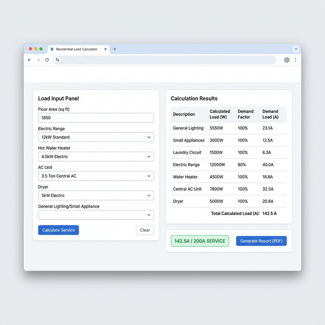 Load calculation interface showing demand factor results